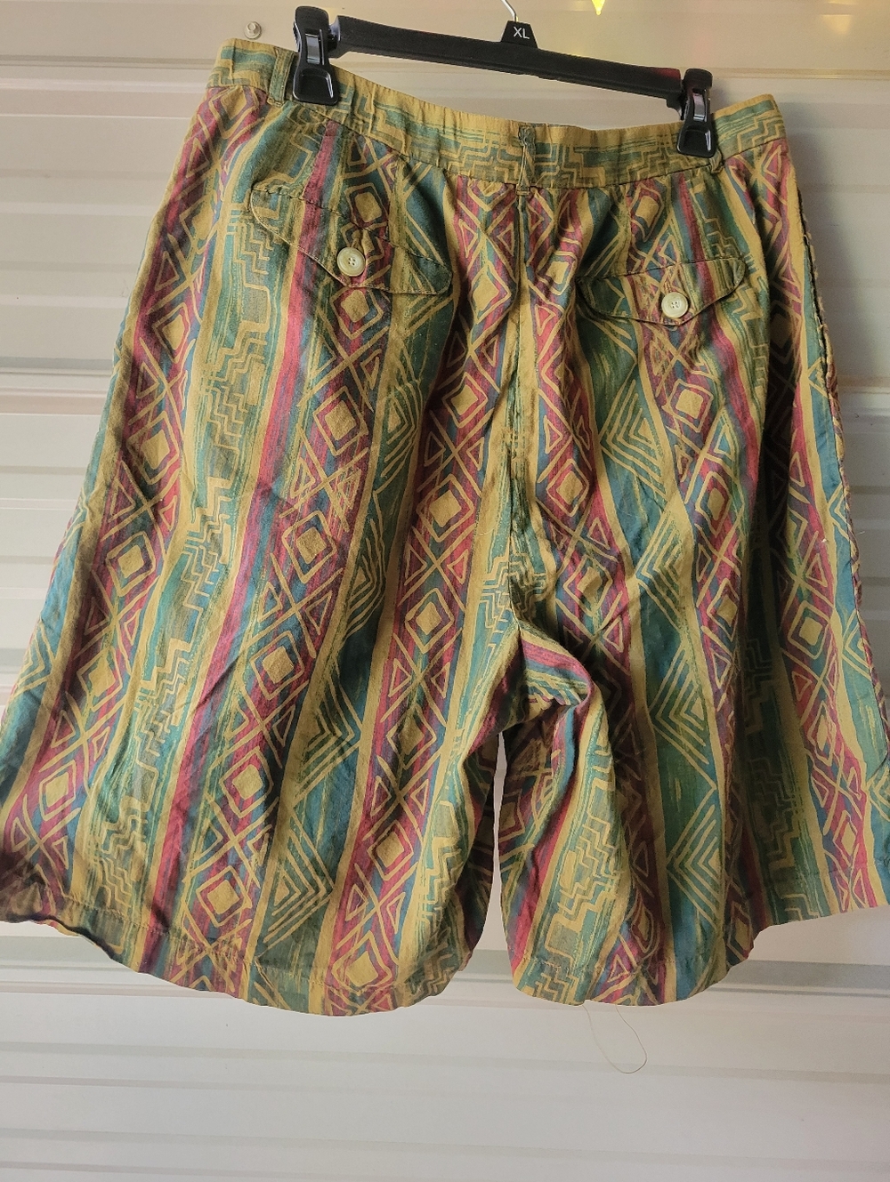 Vintage 80s Boho Geometric Pattern High-Waist Shorts in Green, Teal & Burgundy - Picture 2 of 8